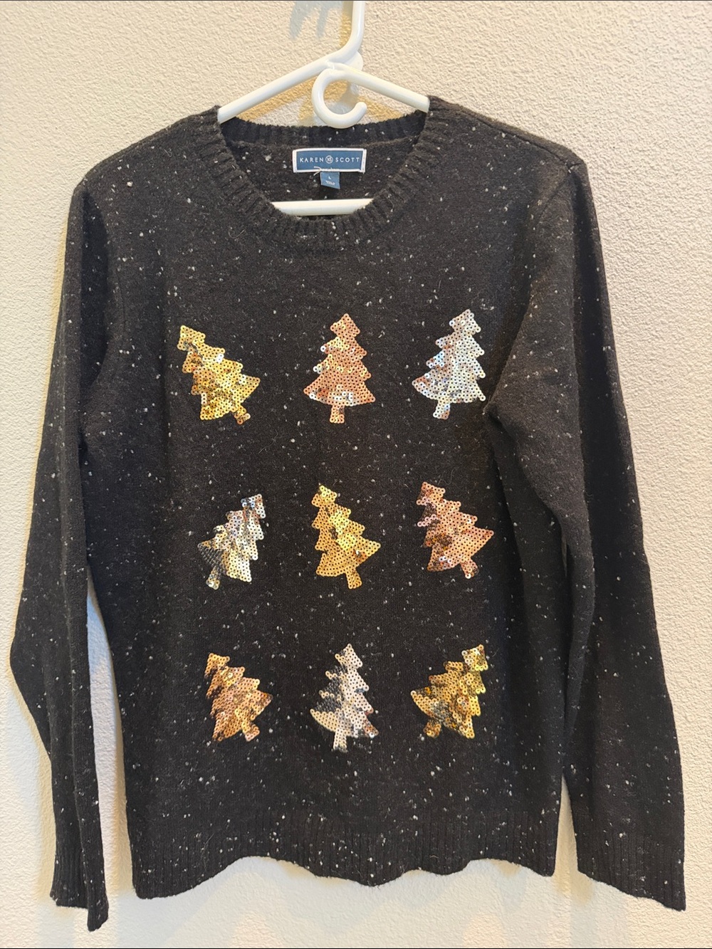 Karen Scott Womens Black Crewneck Sweater with Gold & Silver Sequin Trees